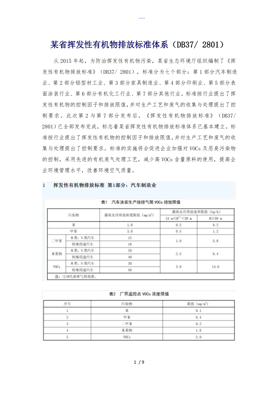 山东省挥发性有机物排放标准体系db372801