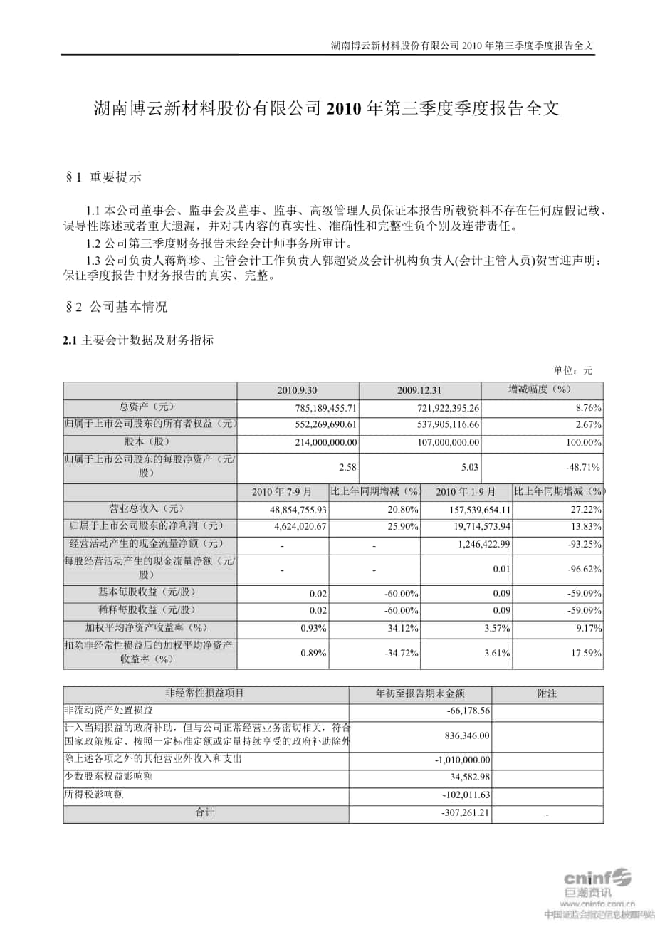 博云新材：第三季度报告全文_第1页