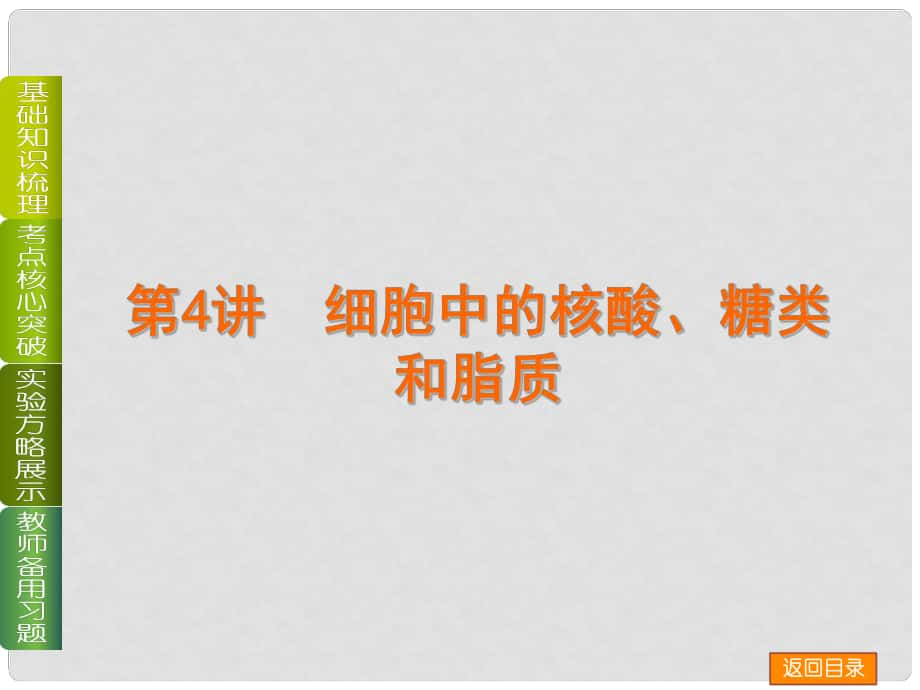 安徽省高考生物一輪復(fù)習(xí)方案（基礎(chǔ)知識(shí)梳理+核心考點(diǎn)突破+試驗(yàn)方略展示）第4講 細(xì)胞中的核酸、糖類和脂質(zhì)課件 新人教版_第1頁(yè)