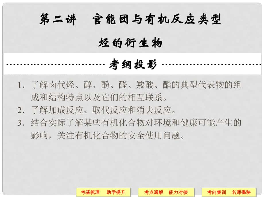 高三化學一輪（梳理+通解+集訓）第十三章 有機化學基礎（選修） 第二講 官能團與有機反應類型 烴的衍生物課件 新人教版_第1頁