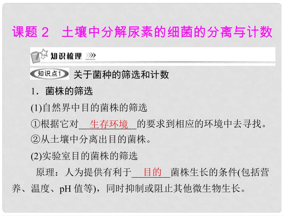 高中生物 專題二 課時2 土壤中分解尿素的細(xì)菌的分離與計數(shù)課件 新人教版_第1頁