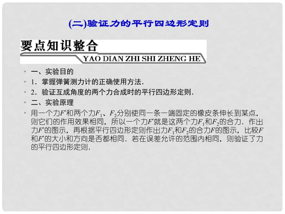 浙江省臨海市杜橋中學(xué)高中物理 第二章(二)驗(yàn)證力的平行四邊形定則課件 新人教版必修1_第1頁(yè)