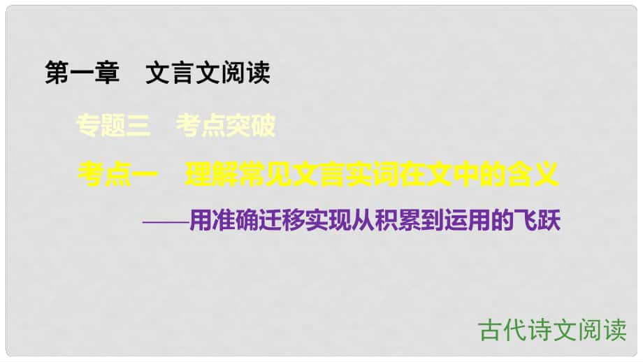 高考語文大一輪總復(fù)習(xí) 古代詩文閱讀 第1章文言文閱讀 專題3考點(diǎn)突破 考點(diǎn)1理解常見文言實(shí)詞在文中的含義課件 新人教版_第1頁