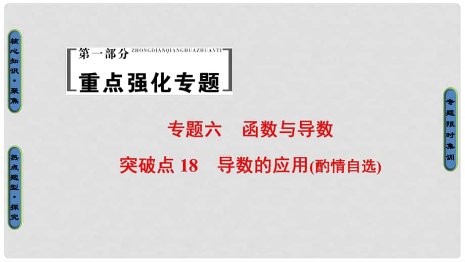 高考數(shù)學二輪專題復習與策略 第1部分 專題6 函數(shù)與導數(shù) 突破點18 導數(shù)的應用(酌情自選)課件 理_第1頁