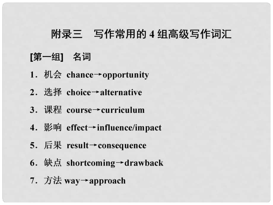 高考英語一輪復(fù)習(xí) 話題晨背 日積月累增分無形 附錄三 寫作常用的4組高級(jí)寫作詞匯課件 新人教版_第1頁(yè)