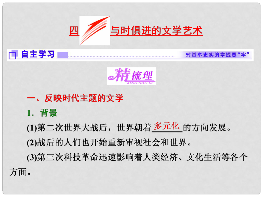 高中歷史 專題八 19世紀(jì)以來的文學(xué)藝術(shù) 四 與時(shí)俱進(jìn)的文學(xué)藝術(shù)課件 人民版必修3_第1頁