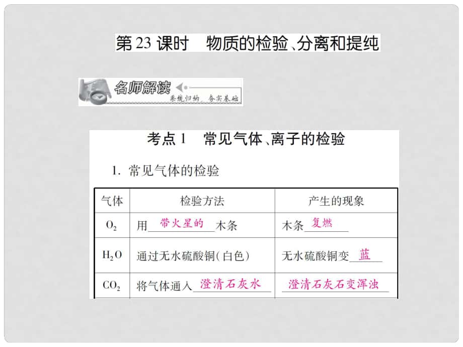 中考化学 专题5 科学探究 第23课时 物质的检验、分离和提纯复习课件_第1页