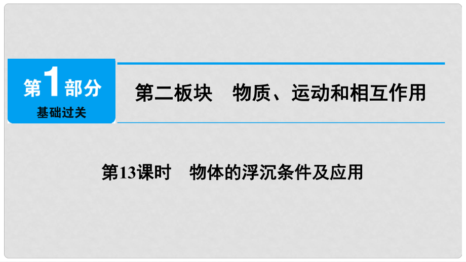 中考物理總復(fù)習(xí) 第二板塊 物質(zhì)、運(yùn)動(dòng)和相互作用 第13課時(shí) 物體的浮沉條件及應(yīng)用課件_第1頁