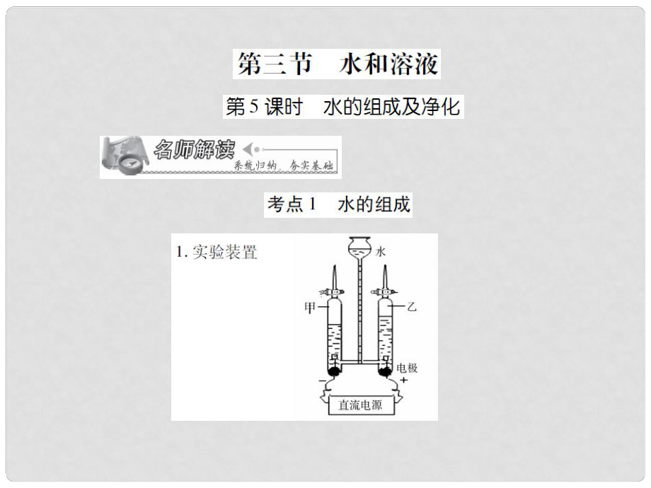 中考化學(xué) 專題1 身邊的化學(xué)物質(zhì) 第5課時 水的組成和凈化復(fù)習(xí)課件_第1頁