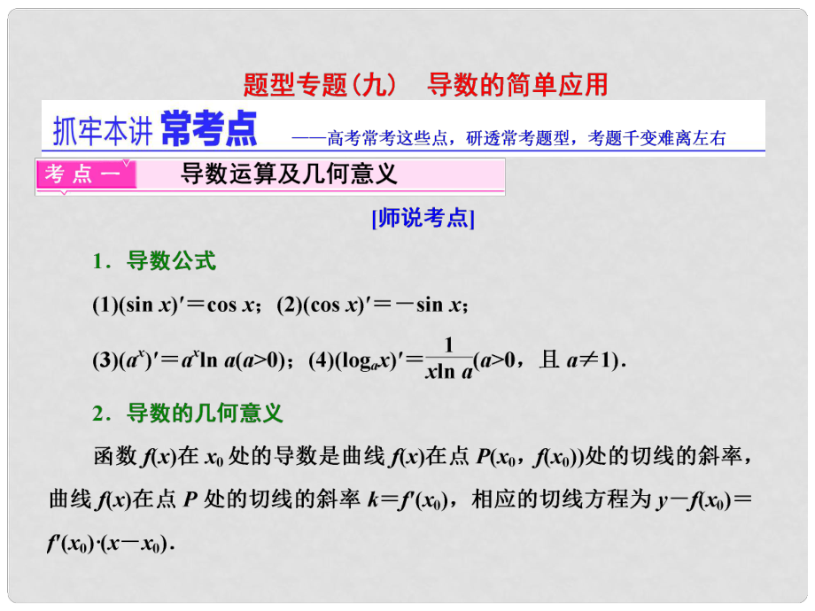 高三數(shù)學(xué)二輪復(fù)習(xí) 第一部分 重點保分題型專題(九) 導(dǎo)數(shù)的簡單應(yīng)用課件 文_第1頁