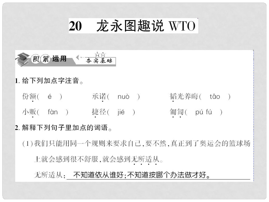 貴州省遵義市九年級(jí)語文下冊(cè) 第五單元 第20課 龍永圖趣說WTO習(xí)題課件 語文版_第1頁