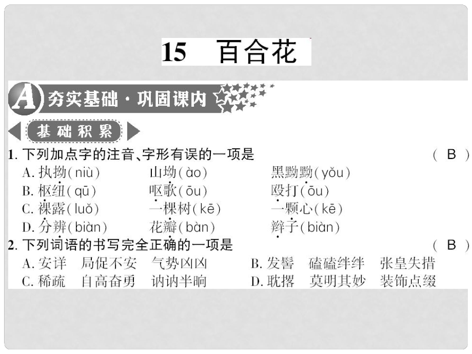 廣西桂林市九年級(jí)語(yǔ)文下冊(cè) 第四單元 15 百合花習(xí)題課件 語(yǔ)文版_第1頁(yè)