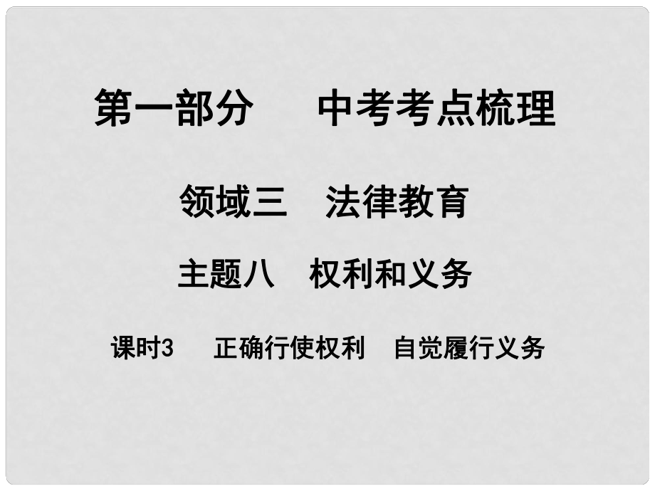 湖南省中考政治 考點(diǎn)梳理 領(lǐng)域三 法律教育 主題八 權(quán)利和義務(wù) 課時(shí)3 正確行使權(quán)利 自覺(jué)履行義務(wù)課件2_第1頁(yè)