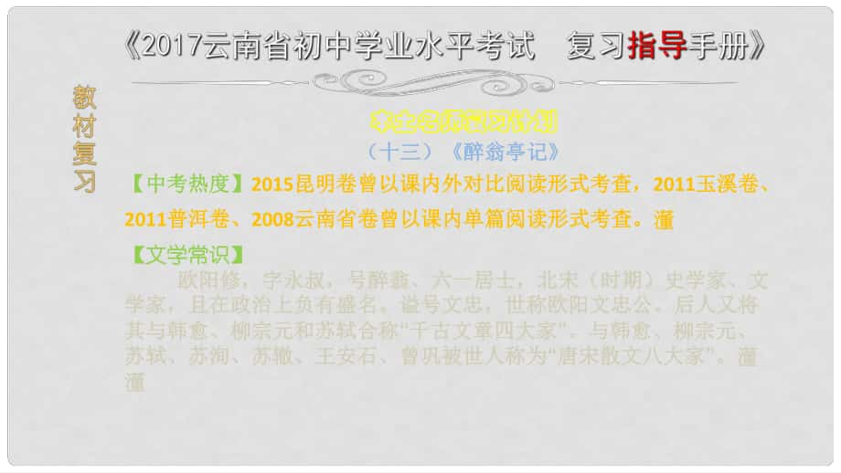 云南省中考語文 專題一 文言文閱讀 本土名師復習計劃（十三）《醉翁亭記》復習課件_第1頁