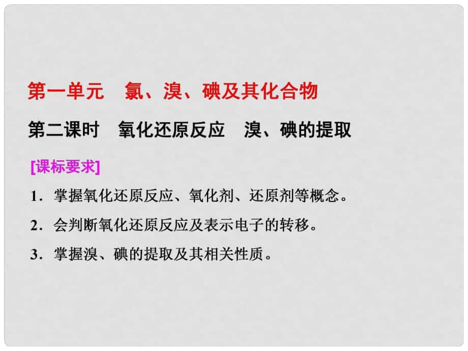 高中化学 专题2 从海水中获得的化学物质 第一单元 氯、溴、碘及其化合物（第2课时）氧化还原反应溴、碘的提取课件 苏教版必修1_第1页