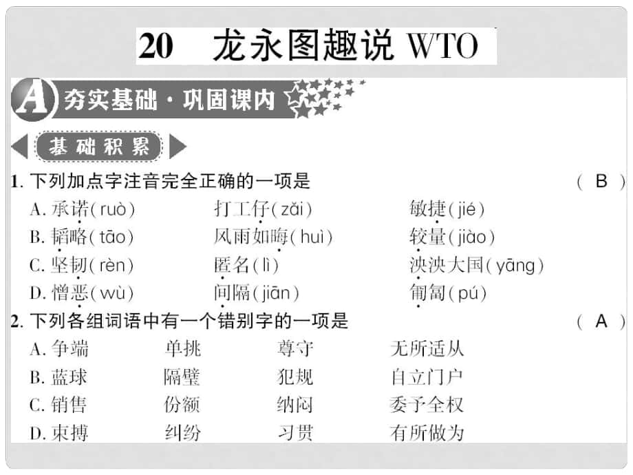 廣西桂林市九年級語文下冊 第五單元 20 龍永圖趣說WTO習(xí)題課件 語文版_第1頁