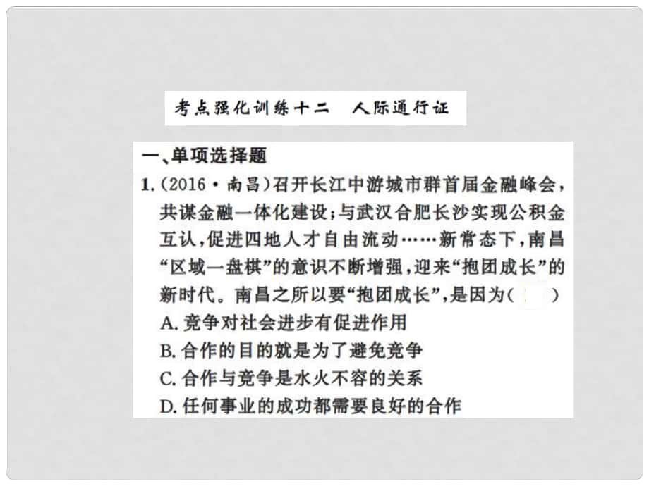 中考政治总复习 专题强化训练十二 人际通行证课件 人民版_第1页