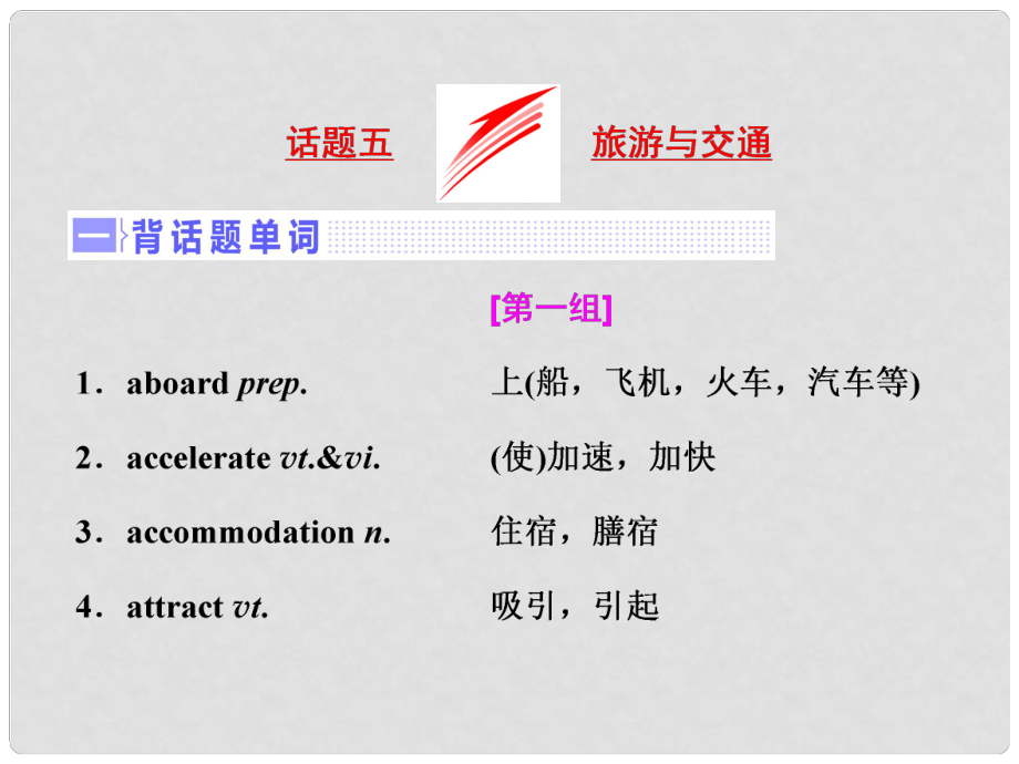 高三英語一輪復(fù)習(xí) 話題晨背 專題五 旅游與交通課件 新人教版_第1頁