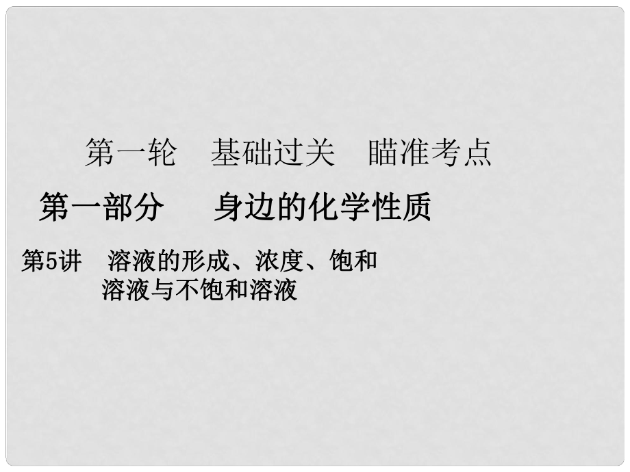 廣東省中考化學復習 第一輪 基礎過關 瞄準考點 第一部分 身邊的化學性質(zhì) 第5講 溶液的形成、濃度、飽和溶液與不飽和溶液課件_第1頁