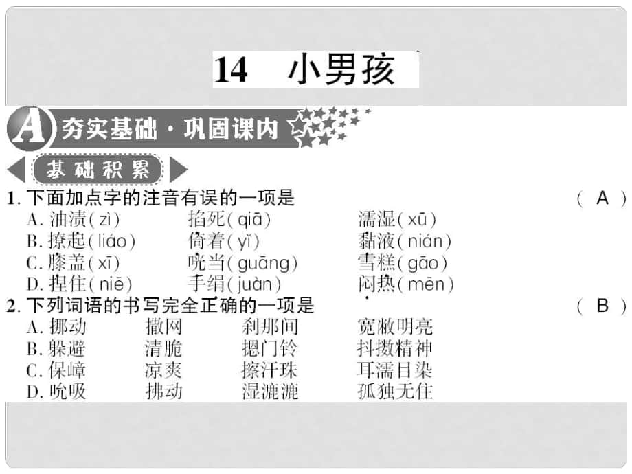 廣西桂林市九年級語文下冊 第四單元 14 小男孩習(xí)題課件 語文版_第1頁