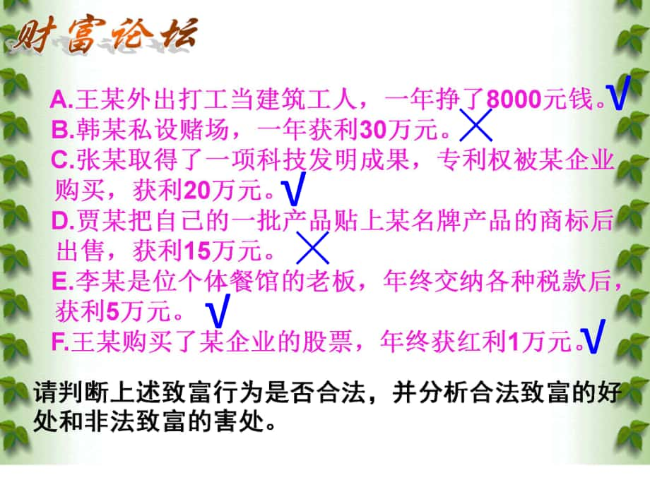 八年級政治下冊 第5單元 與法同行 第14課《法律就在我們身邊》判斷致富行為是否合法素材 蘇教版_第1頁