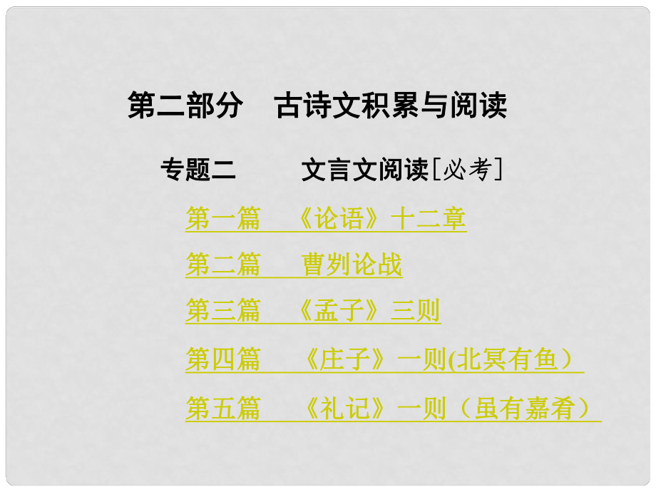 重慶市中考語(yǔ)文試題研究 第二部分 古詩(shī)文積累與閱讀 專(zhuān)題二 文言文閱讀 目錄課件_第1頁(yè)