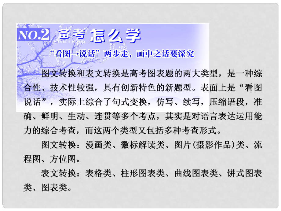 高三语文第一轮复习 第一板块 语言文字运用 专题五 图文（表文）转换 2 备考怎么学课件_第1页