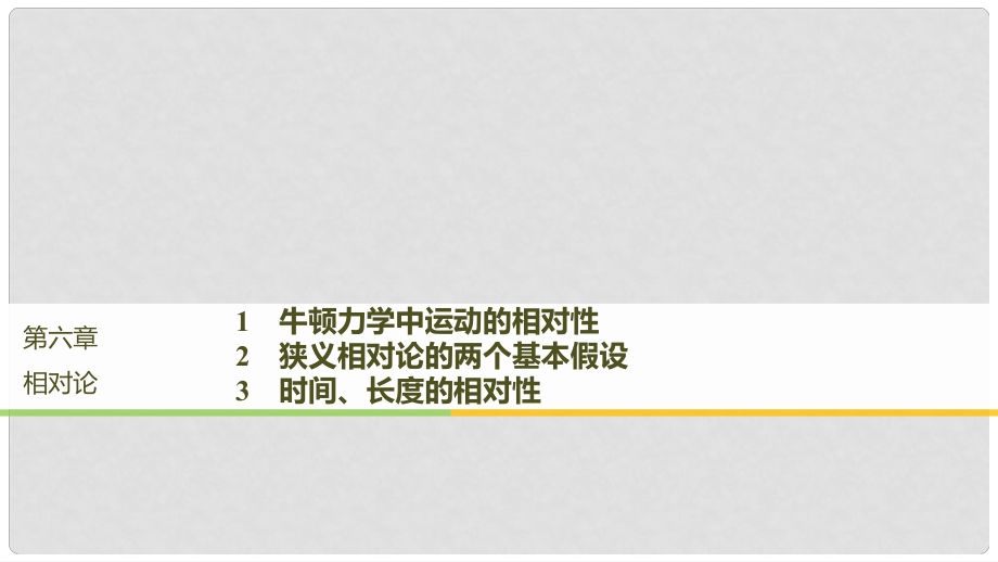 高中物理 第六章 相对论 1 牛顿力学中运动的相对性 2 狭义相对论的两个基本假设 3 时间、长度的相对性课件 教科版选修34_第1页