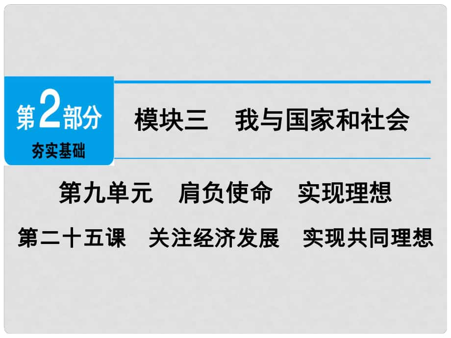 廣東省中考政治 第2部分 夯實(shí)基礎(chǔ) 模塊三 我與國(guó)家和社會(huì) 第九單元 肩負(fù)使命 實(shí)現(xiàn)理想 第25課 關(guān)注經(jīng)濟(jì)發(fā)展 實(shí)現(xiàn)共同理想精講課件_第1頁