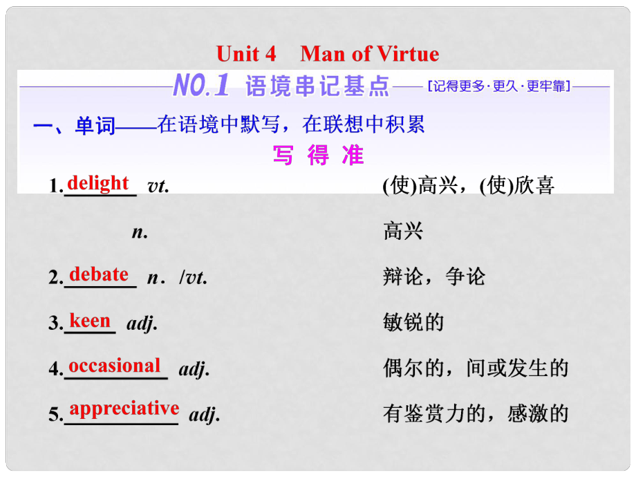高考英语一轮复习 Unit 4 Man of Virtue课件 重庆大学版选修8_第1页