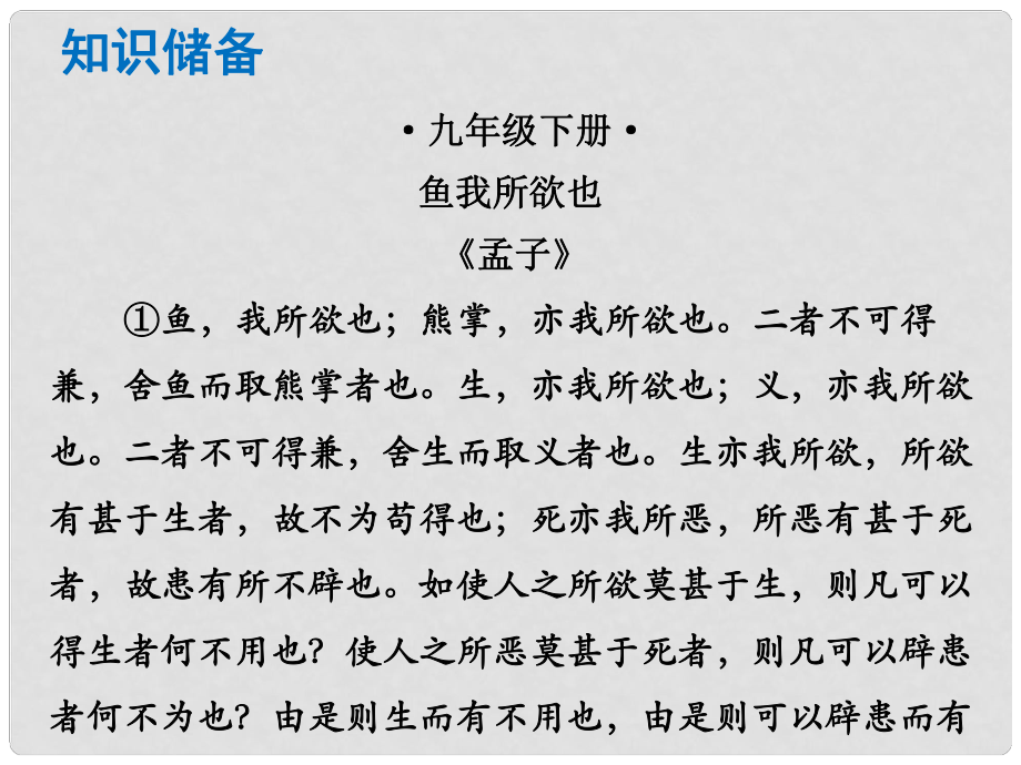 中考語文總復(fù)習(xí) 中考解讀 閱讀理解 第一章 文言文閱讀 第一節(jié) 課內(nèi)文言文閱讀 九下 魚我所欲也課件_第1頁