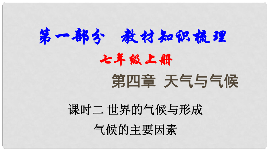 中考地理總復習 七上 第四章 天氣與氣候（課時二 世界的氣候與形成氣候的主要因素）教材知識梳理課件_第1頁