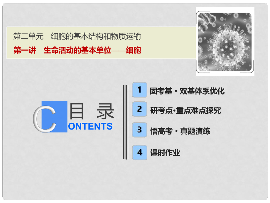 高考生物一輪復(fù)習(xí) 第二單元 細(xì)胞的基本結(jié)構(gòu)和物質(zhì)運(yùn)輸 第一講 生命活動的基本單位——細(xì)胞課件 蘇教版_第1頁
