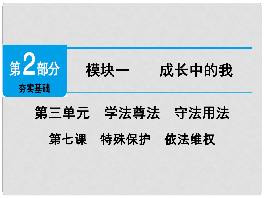 廣東省中考政治 第2部分 夯實(shí)基礎(chǔ) 模塊一 成長(zhǎng)中的我 第三單元 學(xué)法尊法 守法用法 第7課 特殊保護(hù) 依法維權(quán)精講課件_第1頁(yè)