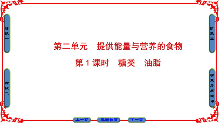 高中化学 专题2 营养均衡与人体健康 第二单元 提供能量与营养的食物（第1课时）糖类 油脂课件4 苏教版选修1_第1页