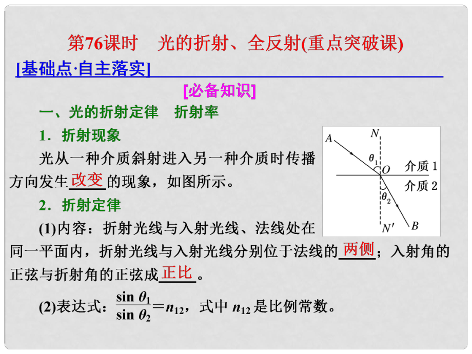 高考物理總復(fù)習(xí) 第十四章 波與相對論 第76課時 光的折射、全反射（重點突破課）課件 選修34_第1頁