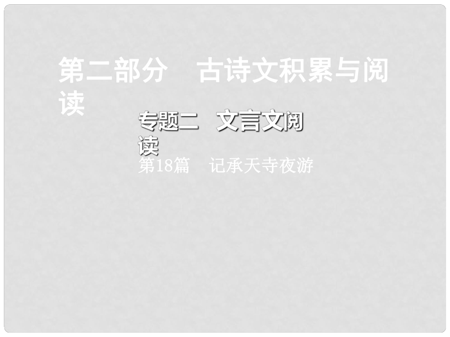 重慶市中考語文總復習 第二部分 古詩文積累與閱讀 專題二 文言文閱讀 第18篇 記承天寺夜游課件_第1頁