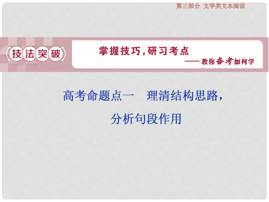 高考語文一輪復習 第三部分 文學類文本閱讀 專題二 散文閱讀 2 高考命題點一 理清結(jié)構(gòu)思路分析句段作用課件 蘇教版_第1頁