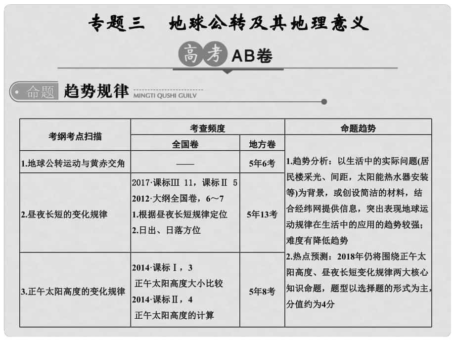 高考地理二輪復習 第2單元 地球的運動 專題3 地球公轉(zhuǎn)及其地理意義課件_第1頁