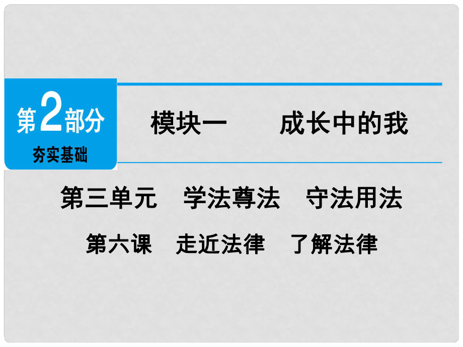 廣東省中考政治 第2部分 夯實(shí)基礎(chǔ) 模塊一 成長(zhǎng)中的我 第三單元 學(xué)法尊法 守法用法 第6課 走近法律 了解法律精講課件_第1頁(yè)