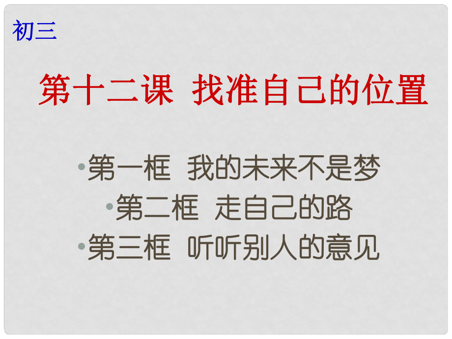 云南省個舊市九年級政治全冊 第四單元 從這里出發(fā) 第十二課 找準自己的位置 第13框 我的未來不是夢 走自己的路 聽聽別人的意見課件 人民版_第1頁