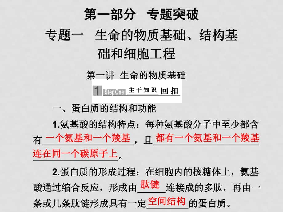 高三生物高考二輪專題復(fù)習(xí)課件：第一部分 專題突破 專題一 生命的物質(zhì)基礎(chǔ)、結(jié)構(gòu)基礎(chǔ)和細(xì)胞工程人教大綱版第一講生命的物質(zhì)基礎(chǔ)_第1頁