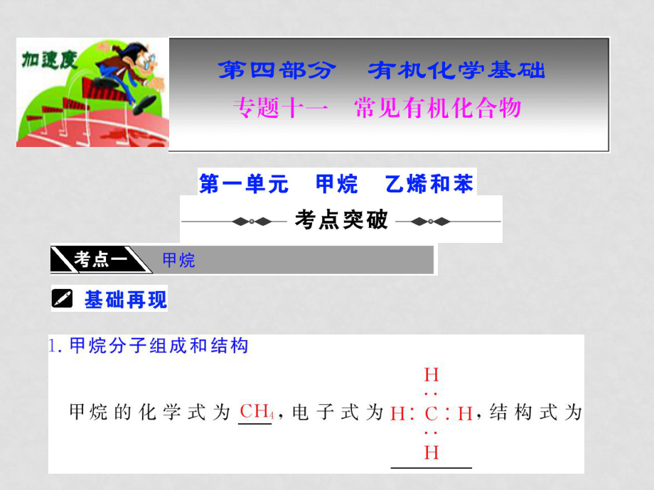 高三化學《高考加速度》：專題十一《常見有機化合物》第一單元《甲烷 乙烯和苯課件》（蘇教版）_第1頁