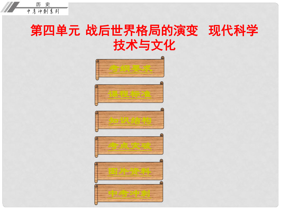 廣東省中考?xì)v史總復(fù)習(xí)沖刺 第六部分 世界現(xiàn)代史 第四單元 戰(zhàn)后世界格局的演變 現(xiàn)代科學(xué)技術(shù)與文化課件_第1頁(yè)