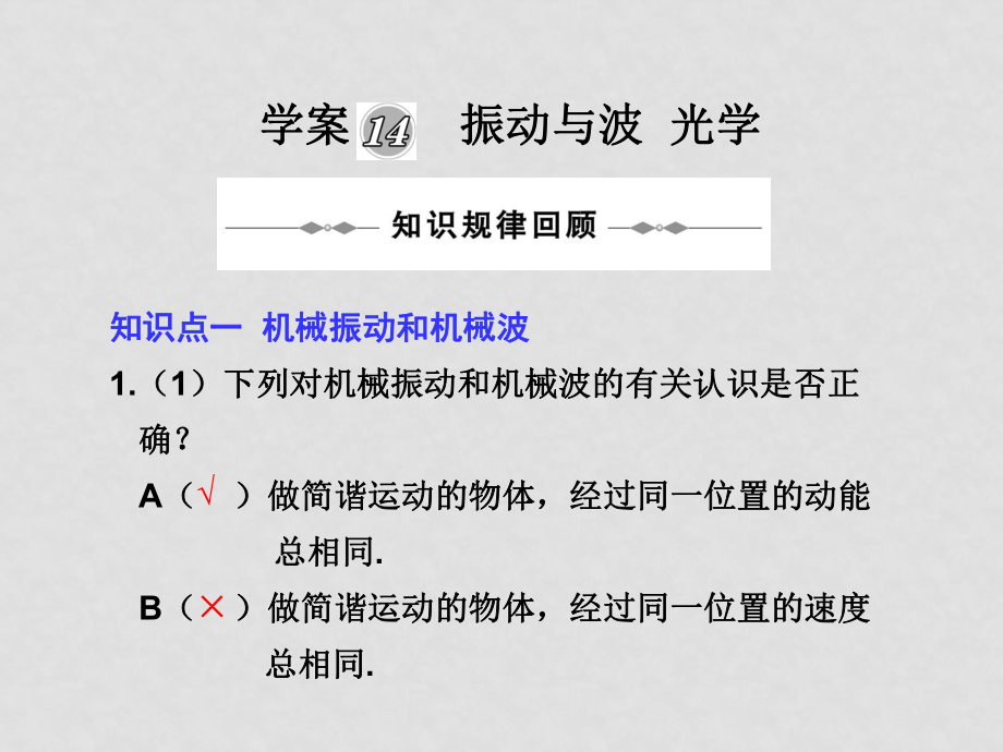 新課標高三物理二輪復習專題課件：學案14《振動與波 光學》_第1頁