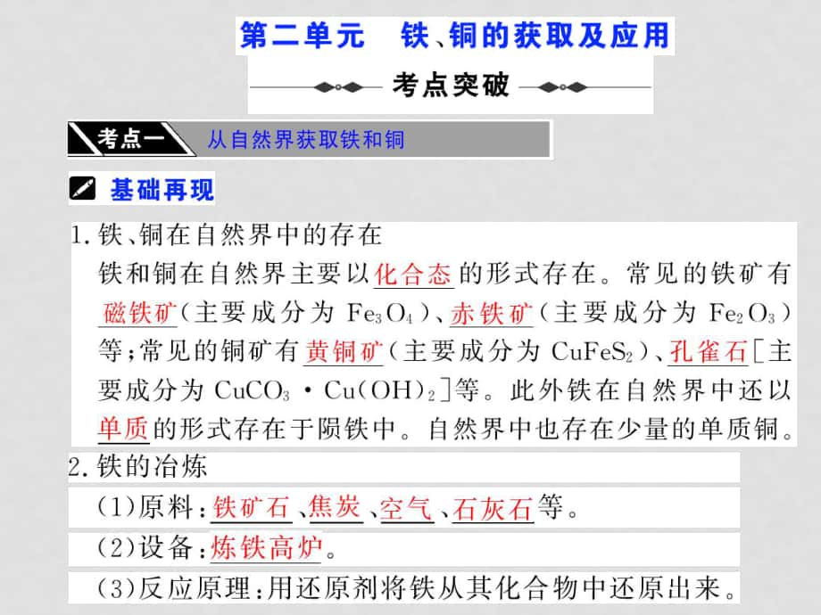 高三化学《高考加速度》：专题八《从矿物质到基础材料》第二单元《铁、铜的获取及应用课件》（苏教版）_第1页