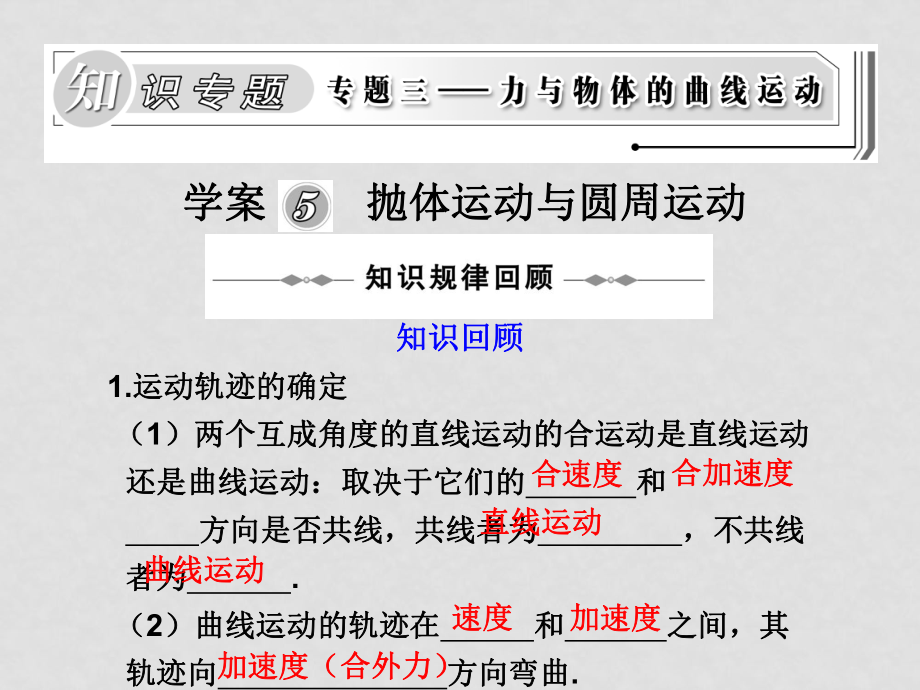 新課標(biāo)高三物理二輪復(fù)習(xí)專題課件：學(xué)案5《拋體運動與圓周運動》_第1頁