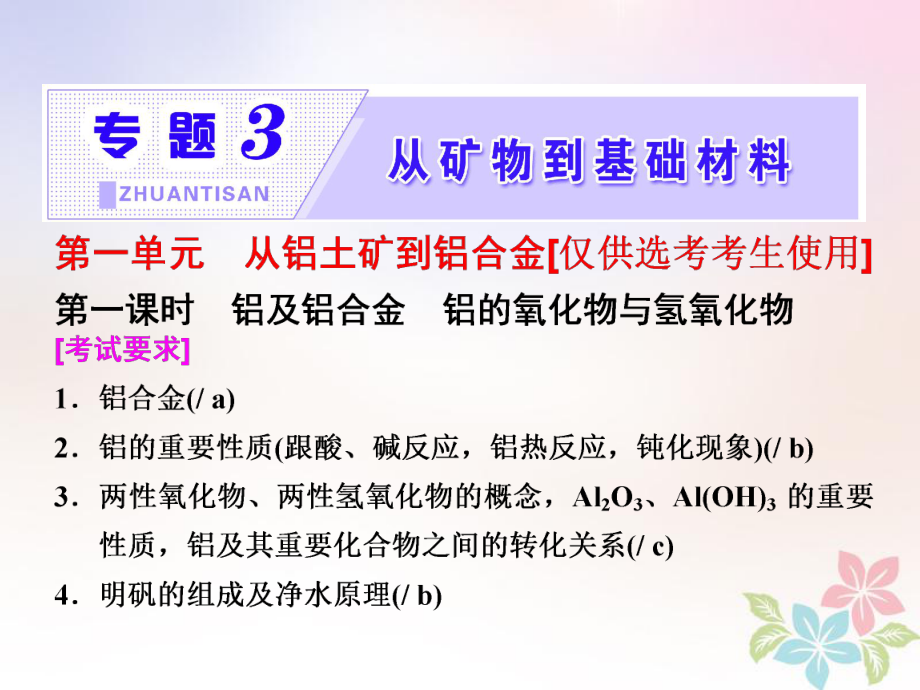 化學(xué) 3 從礦物到基礎(chǔ)材料 第一單元 第一課時(shí) 鋁及鋁合金 鋁的氧化物與氫氧化物 蘇教版必修1_第1頁