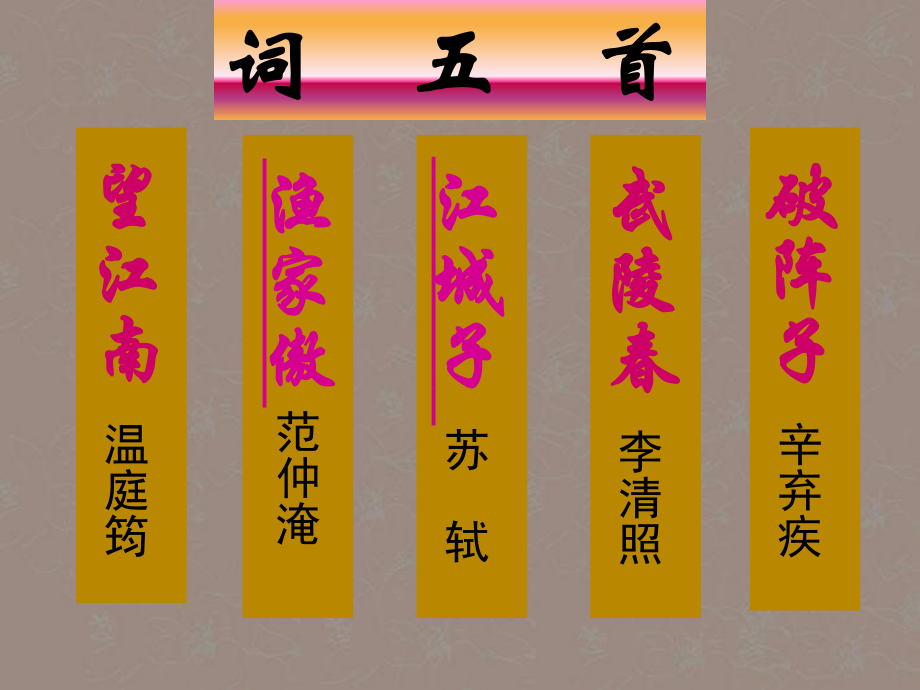 廣西貴港市港北區(qū)大圩鎮(zhèn)第三初級(jí)中學(xué)九年級(jí)語(yǔ)文上冊(cè)《第25課詞五首》課件新人教版_第1頁(yè)