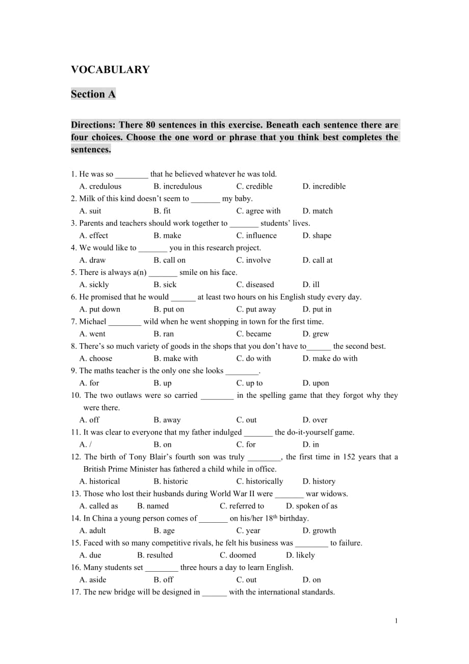 大学外语 基础英语 习题及参考答案VOCABULARY_第1页